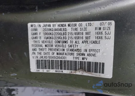 2005 Honda Cr-V Lx z USA, uszkodzony, nr VIN JHLRD78565C064301